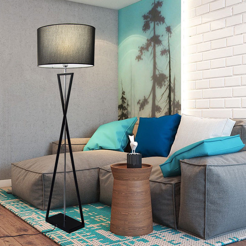 Drum Shape Floor Lamp: Simplicity Fabric Living Room Standing Light with Hourglass Base