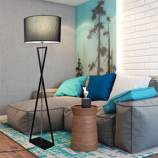 Drum Shape Floor Lamp: Simplicity Fabric Living Room Standing Light with Hourglass Base