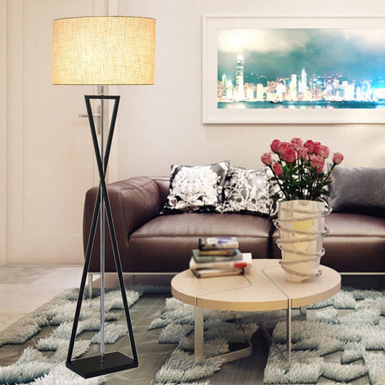 Drum Shape Floor Lamp: Simplicity Fabric Living Room Standing Light with Hourglass Base