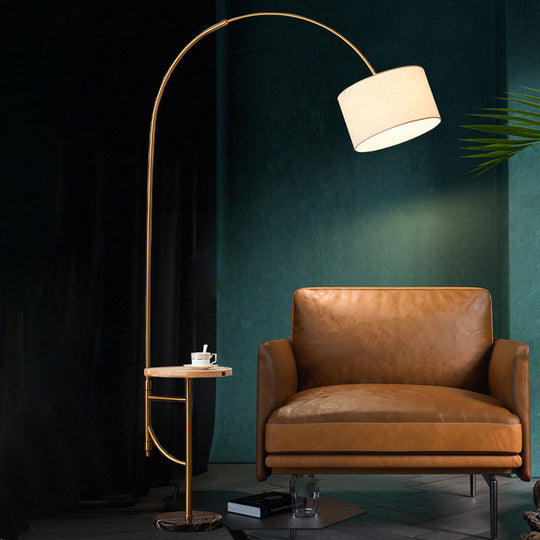Minimalist Metallic Arched Floor Lamp with Drum Fabric Shade in Gold