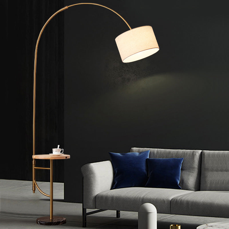 Minimalist Metallic Arched Floor Lamp with Drum Fabric Shade in Gold
