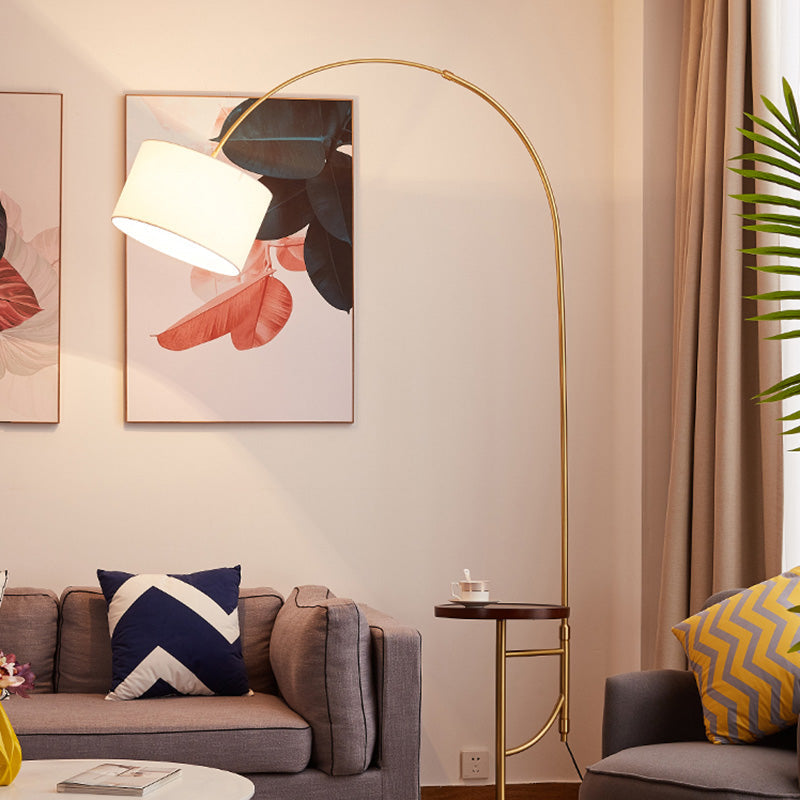 Minimalist Metallic Arched Floor Lamp with Drum Fabric Shade in Gold