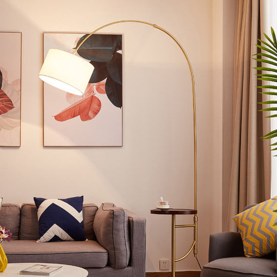 Minimalist Metallic Arched Floor Lamp with Drum Fabric Shade in Gold