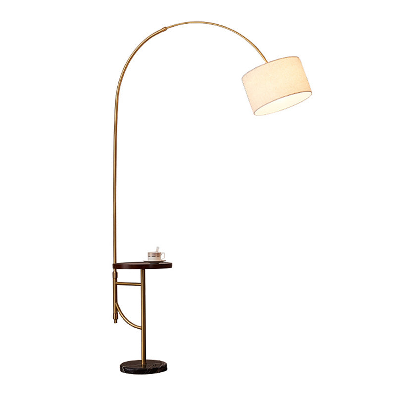 Minimalist Metallic Arched Floor Lamp with Drum Fabric Shade in Gold