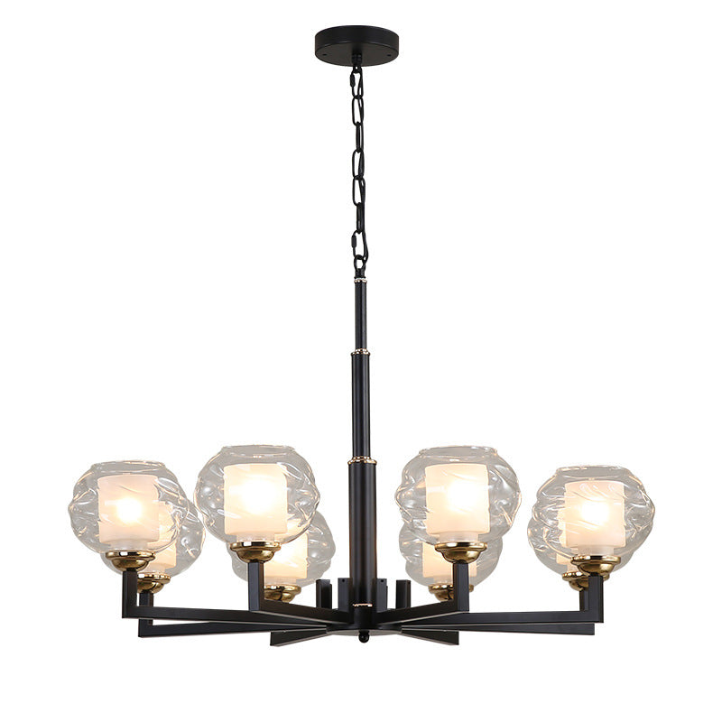 Traditional Black Ceiling Lamp - 3/6/8 Bulbs, Clear Textured Glass, Living Room Pendant Light