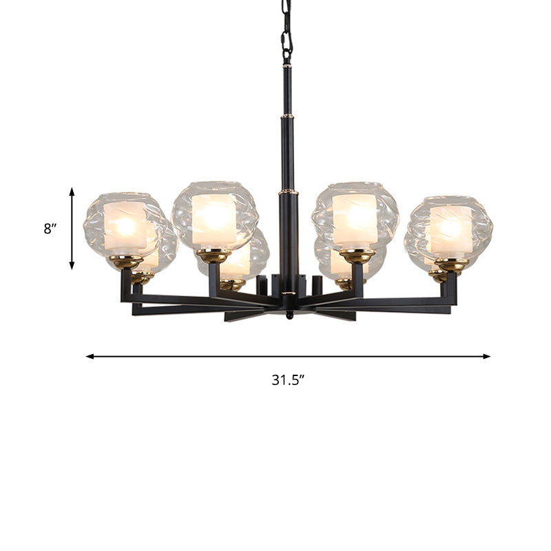 Traditional Black Ceiling Lamp - 3/6/8 Bulbs, Clear Textured Glass, Living Room Pendant Light