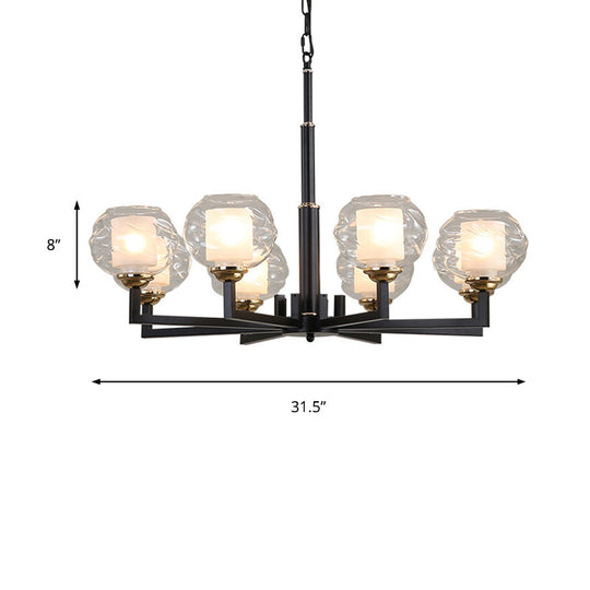 Traditional Black Ceiling Lamp - 3/6/8 Bulbs, Clear Textured Glass, Living Room Pendant Light