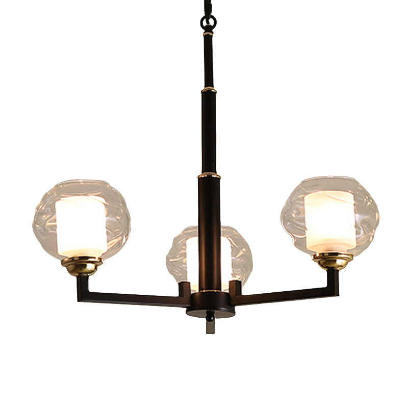 Traditional Black Ceiling Lamp - 3/6/8 Bulbs, Clear Textured Glass, Living Room Pendant Light