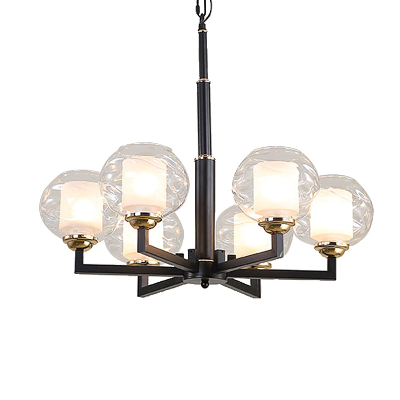 Traditional Black Ceiling Lamp - 3/6/8 Bulbs, Clear Textured Glass, Living Room Pendant Light