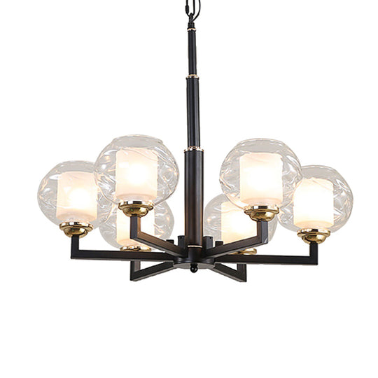 Traditional Black Ceiling Lamp - 3/6/8 Bulbs, Clear Textured Glass, Living Room Pendant Light