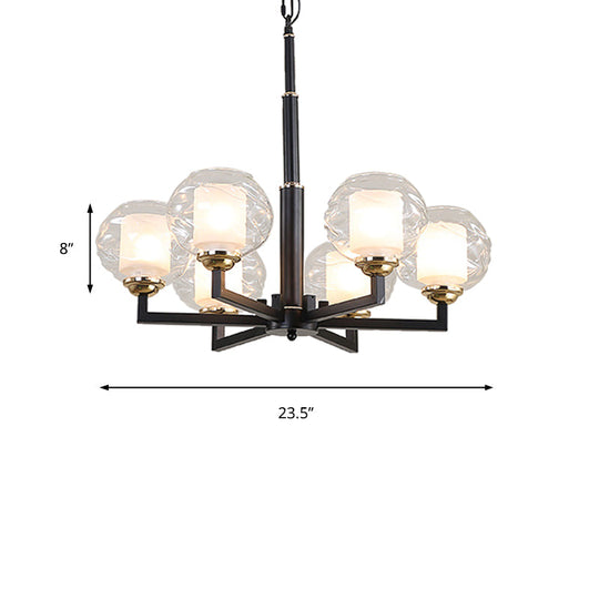 Traditional Black Ceiling Lamp - 3/6/8 Bulbs, Clear Textured Glass, Living Room Pendant Light