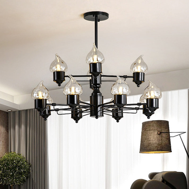 Traditional Black Two-Tiered Pendant Chandelier with 12 Candle Shades - Metal Hanging Fixture for Living Room