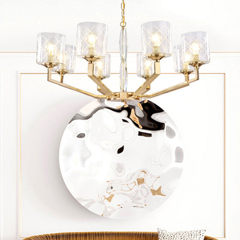 Cylinder Ceiling Chandelier - Clear Glass, Traditional Style, 6/8 Light, Brass Fixture - Ideal for Living Room