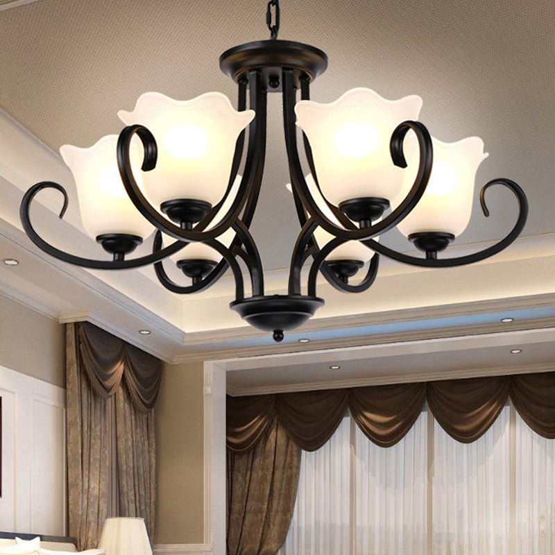 Traditional Flower Shape Frosted Glass Ceiling Chandelier with Black Finish - Ideal for Living Room - 3/6/8 Lights