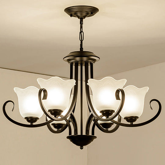 Traditional Flower Shape Frosted Glass Ceiling Chandelier with Black Finish - Ideal for Living Room - 3/6/8 Lights