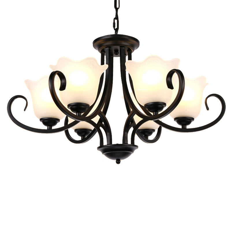 Traditional Flower Shape Frosted Glass Ceiling Chandelier with Black Finish - Ideal for Living Room - 3/6/8 Lights