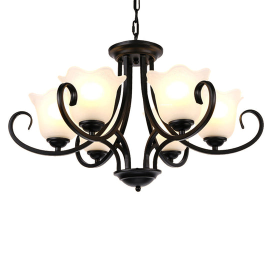 Traditional Flower Shape Frosted Glass Ceiling Chandelier with Black Finish - Ideal for Living Room - 3/6/8 Lights