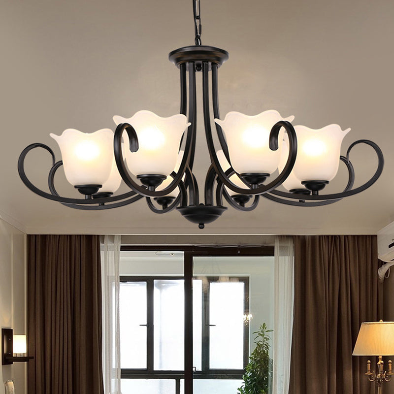 Traditional Flower Shape Frosted Glass Ceiling Chandelier with Black Finish - Ideal for Living Room - 3/6/8 Lights