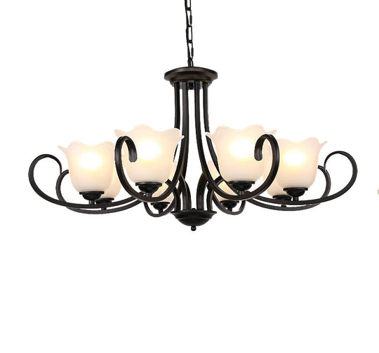 Traditional Flower Shape Frosted Glass Ceiling Chandelier with Black Finish - Ideal for Living Room - 3/6/8 Lights