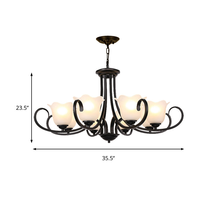 Traditional Flower Shape Frosted Glass Ceiling Chandelier with Black Finish - Ideal for Living Room - 3/6/8 Lights