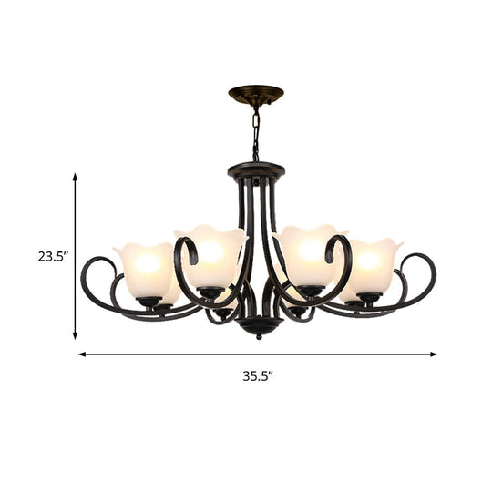 Traditional Flower Shape Frosted Glass Ceiling Chandelier with Black Finish - Ideal for Living Room - 3/6/8 Lights