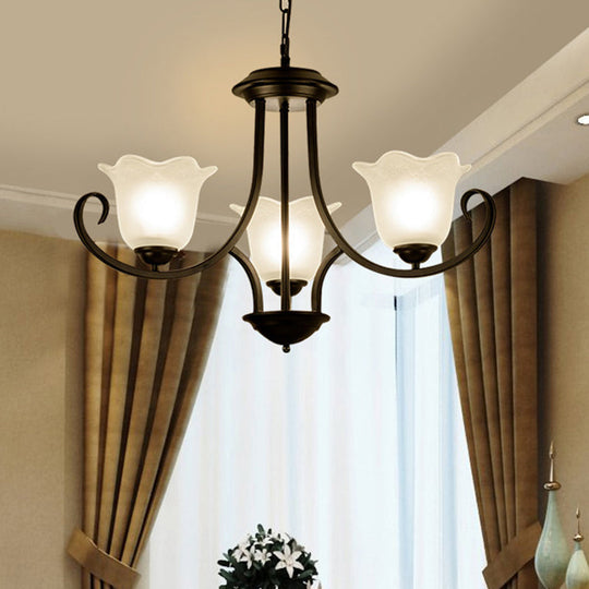 Traditional Flower Shape Frosted Glass Ceiling Chandelier with Black Finish - Ideal for Living Room - 3/6/8 Lights