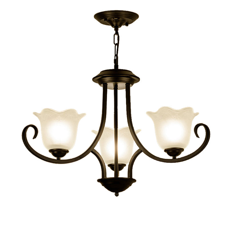 Traditional Flower Shape Frosted Glass Ceiling Chandelier with Black Finish - Ideal for Living Room - 3/6/8 Lights
