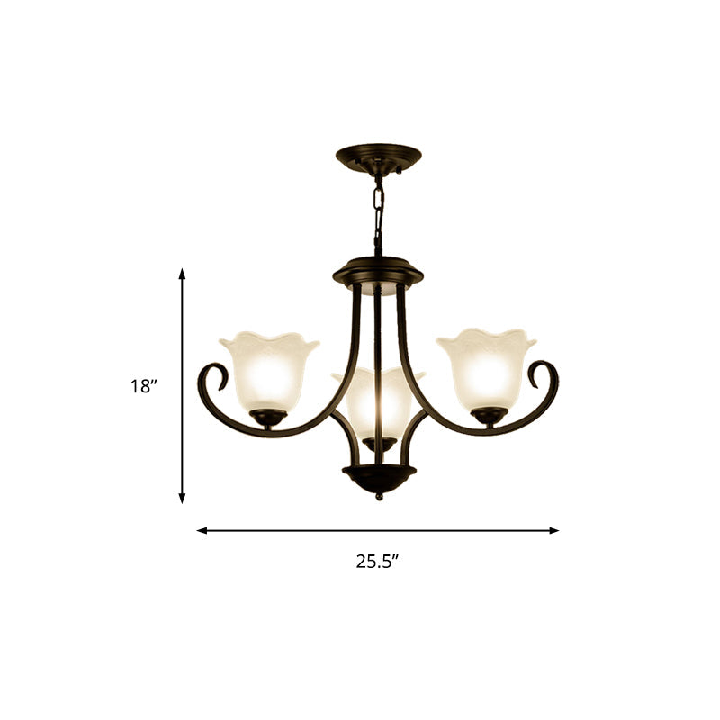 Traditional Flower Shape Frosted Glass Ceiling Chandelier with Black Finish - Ideal for Living Room - 3/6/8 Lights