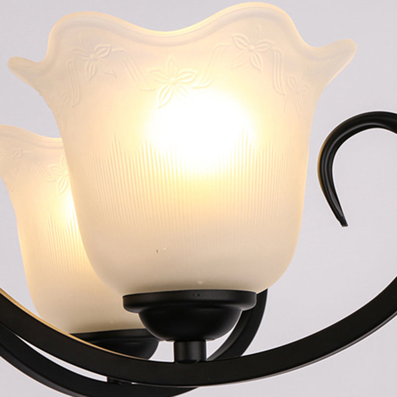Traditional Flower Shape Frosted Glass Ceiling Chandelier with Black Finish - Ideal for Living Room - 3/6/8 Lights