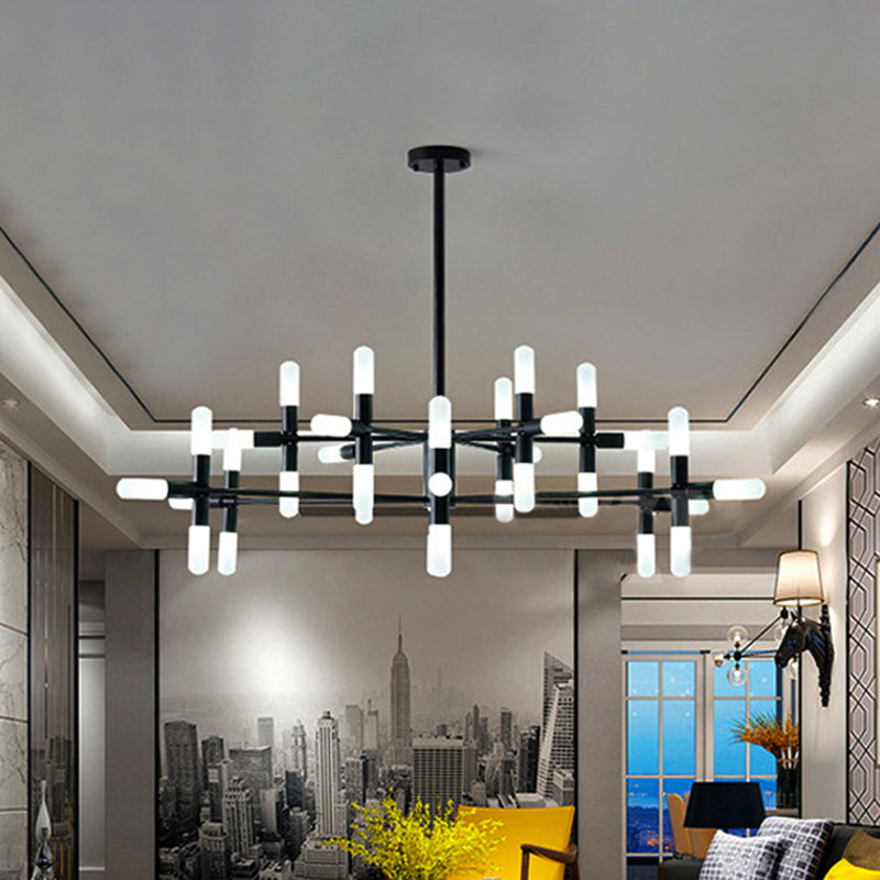 Contemporary Tubular Chandelier: 18/36-Light Black/Gold Metal Hanging Lamp with Starburst Design