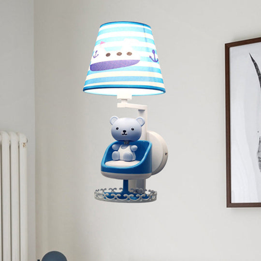 Kids Blue Wall Light with Nursing Room Toy Bear and Ship Fabric