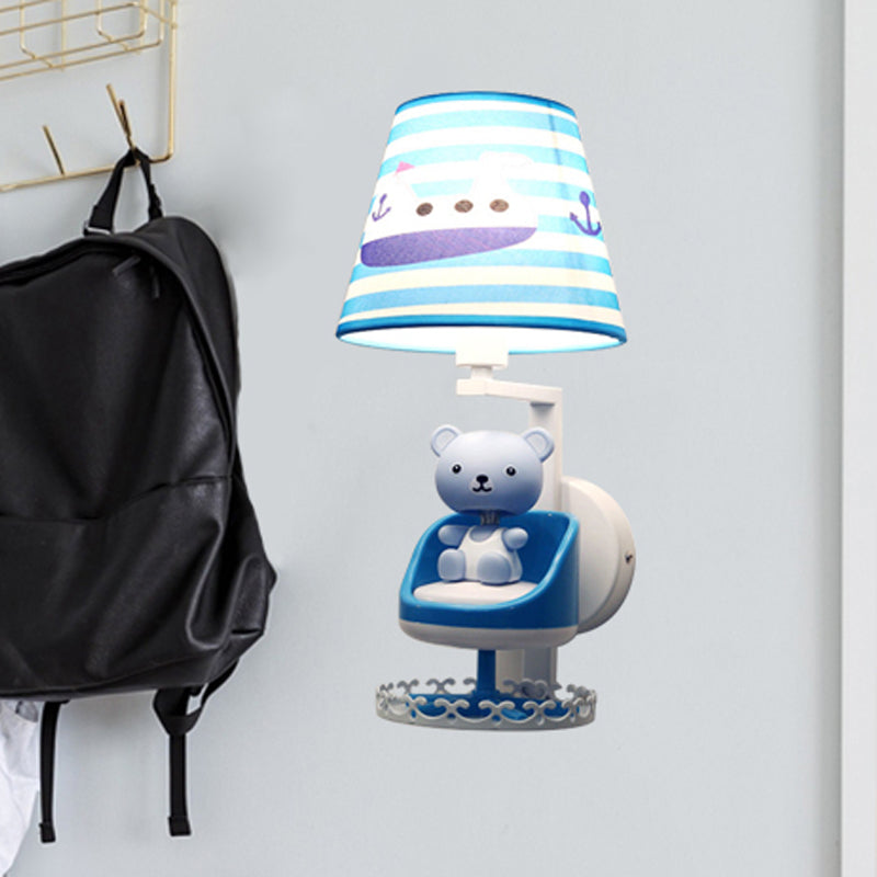 Kids Blue Wall Light with Nursing Room Toy Bear and Ship Fabric