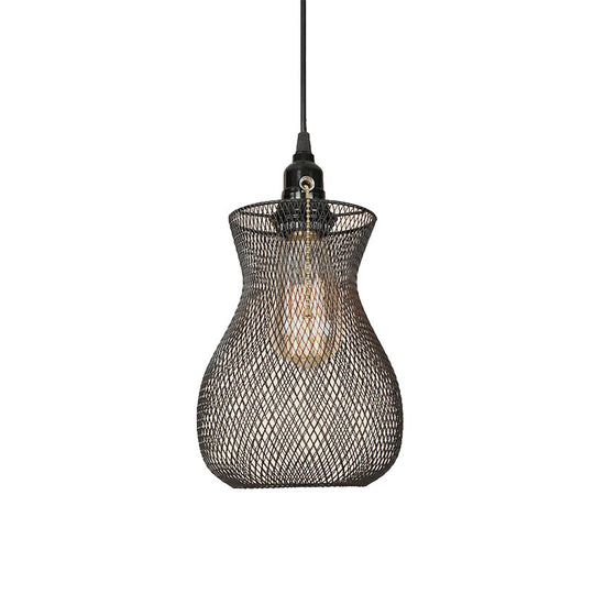 Industrial Metal Pendant Light with Black Wire Cage - Stylish Dining Room Hanging Fixture