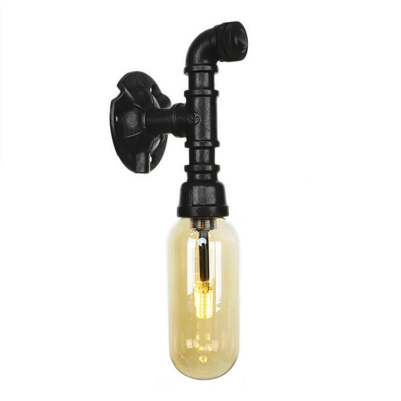 Vintage Amber Glass Sconce Wall Lamp with Industrial Pipe Design