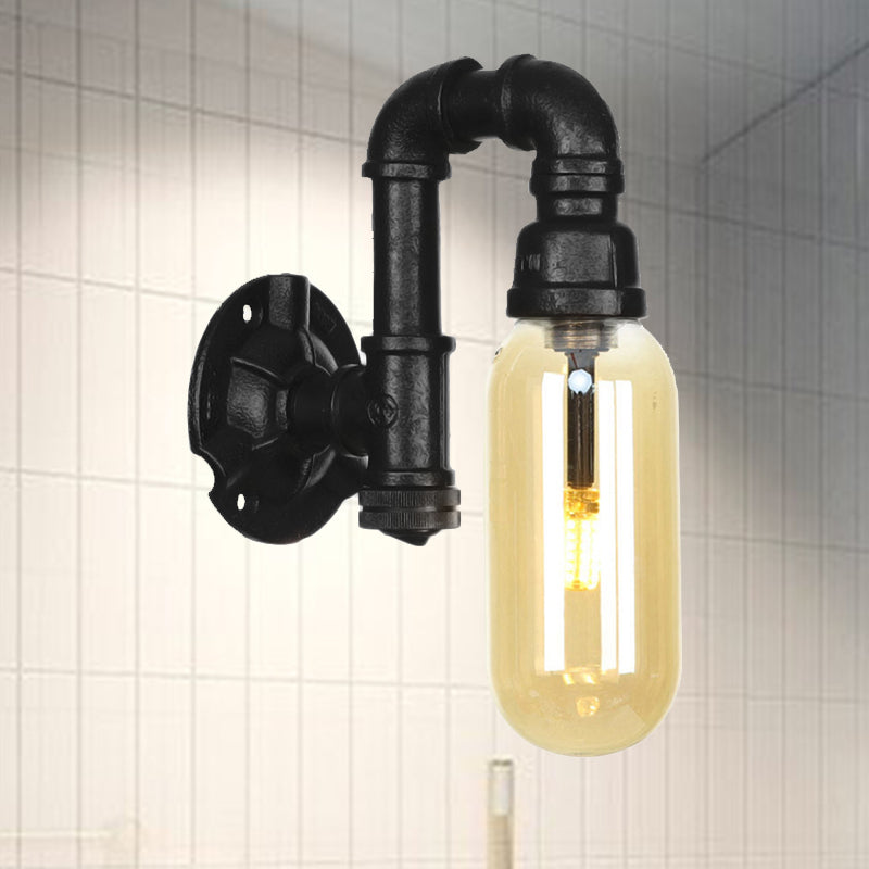 Industrial Amber Glass Wall Sconce with Pipe Design - Black