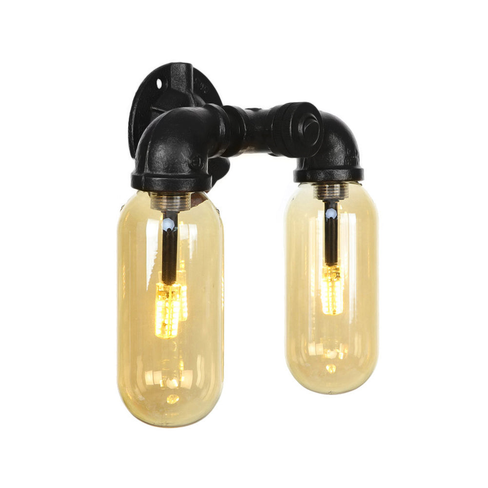 Industrial Amber Glass Black Sconce Light - Wall Mounted Pipe Light for Living Room