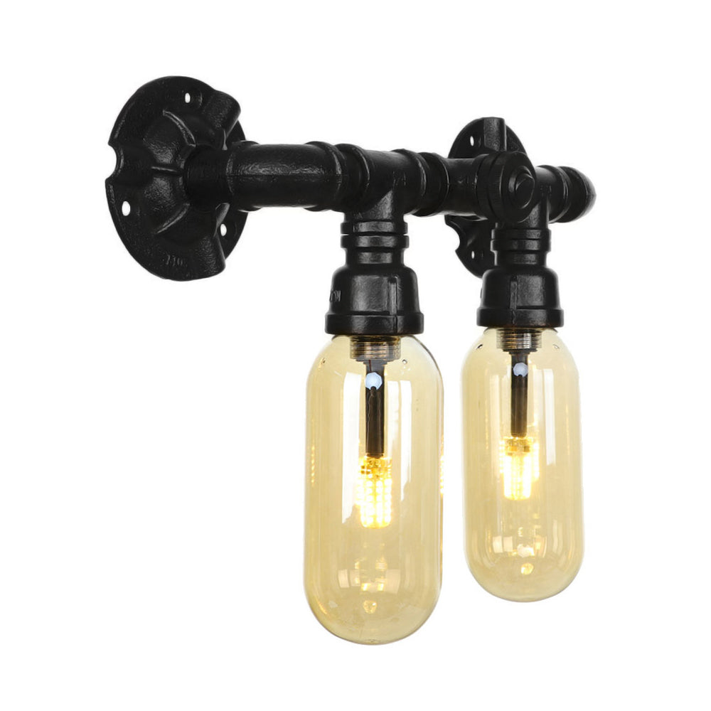 Industrial Amber Glass Wall Light Fixture with Pipe Design - 2/4 Light Black Sconce Lamp