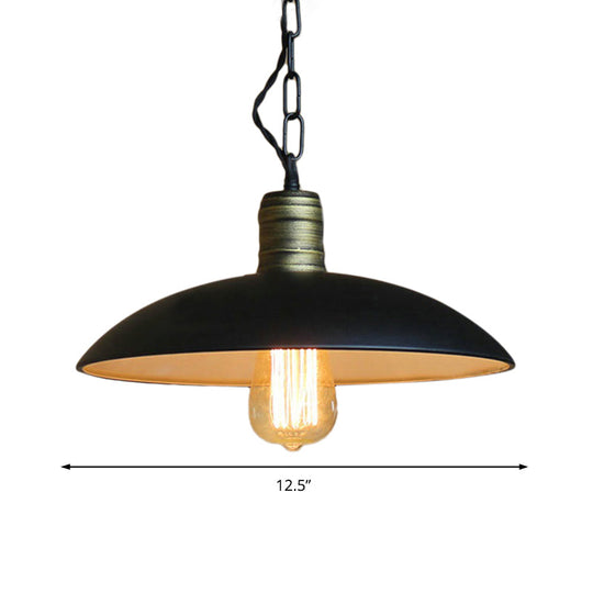 Retro Style Metallic Black Ceiling Light with Bowl Shade and Hanging Chain - 10"/12.5" W - 1 Bulb
