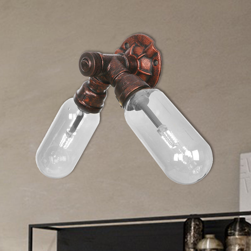 Weathered Copper 2-Light Industrial Sconce with Clear Glass Oval Shade - Wall Lighting Fixture