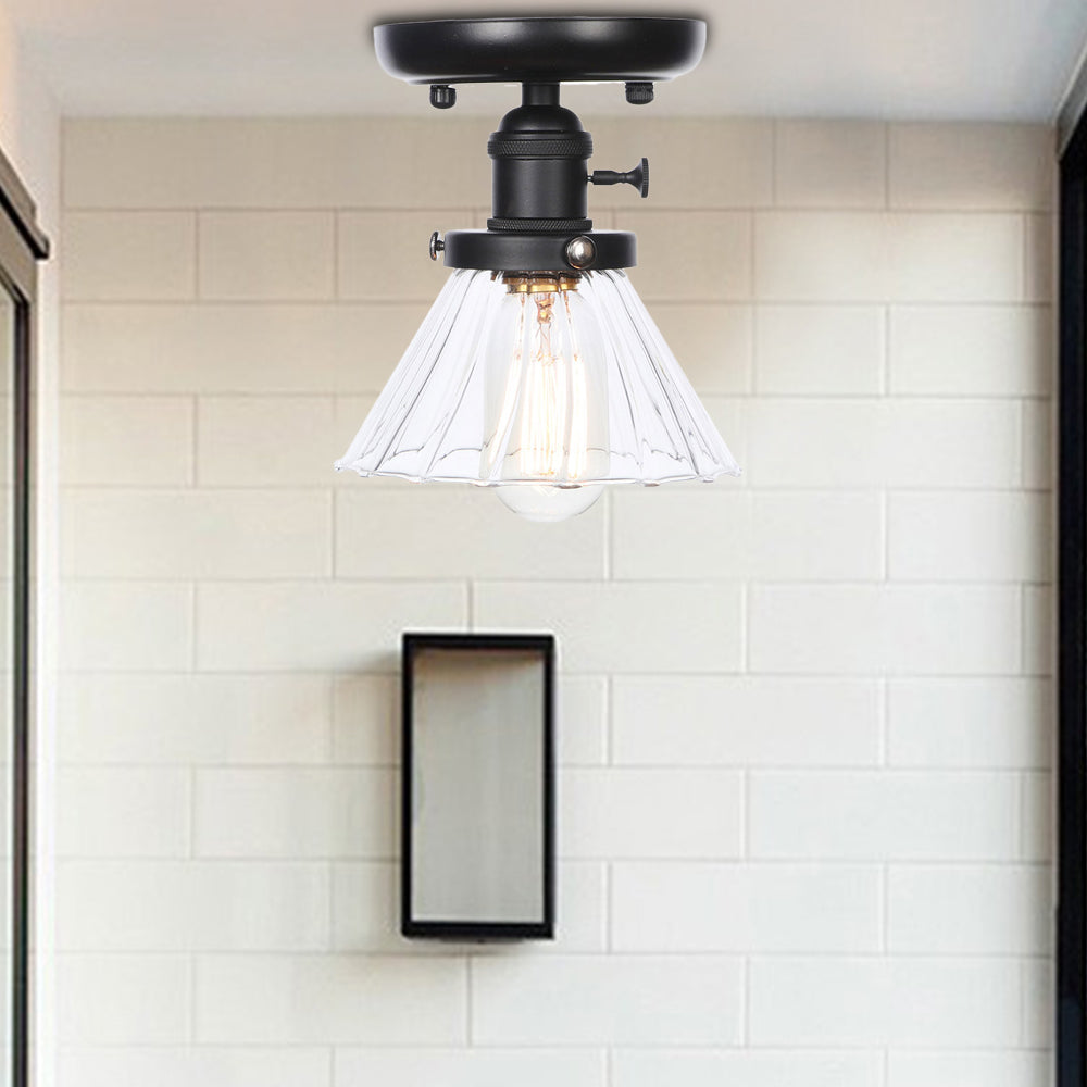 Clear/Amber Glass Semi Flush Mount Ceiling Light for Kitchen - Industrial Cone/Rhombus/Bell Design