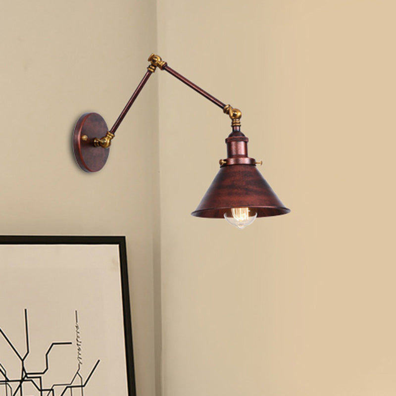 Industrial Swing Arm Wall Sconce - Conic Study Room Lamp (1 Bulb) - Black/Brass Metallic Finish