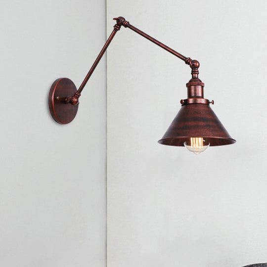 Industrial Swing Arm Wall Sconce - Conic Study Room Lamp (1 Bulb) - Black/Brass Metallic Finish