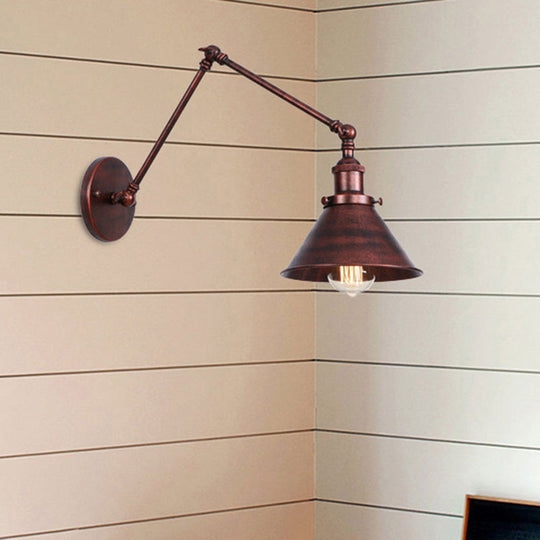 Industrial Swing Arm Wall Sconce - Conic Study Room Lamp (1 Bulb) - Black/Brass Metallic Finish