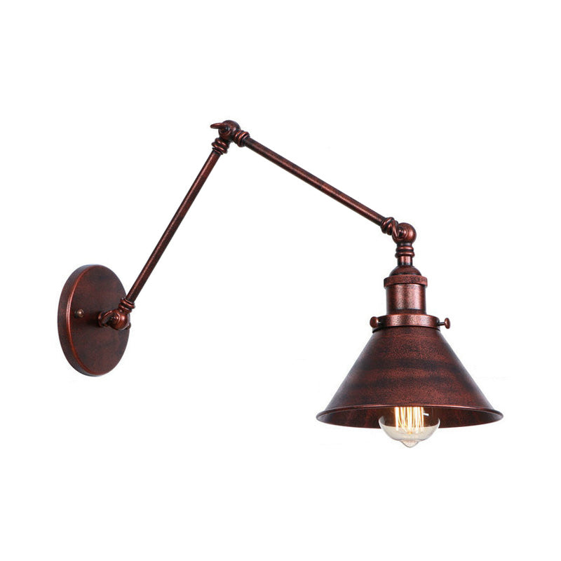Industrial Swing Arm Wall Sconce - Conic Study Room Lamp (1 Bulb) - Black/Brass Metallic Finish