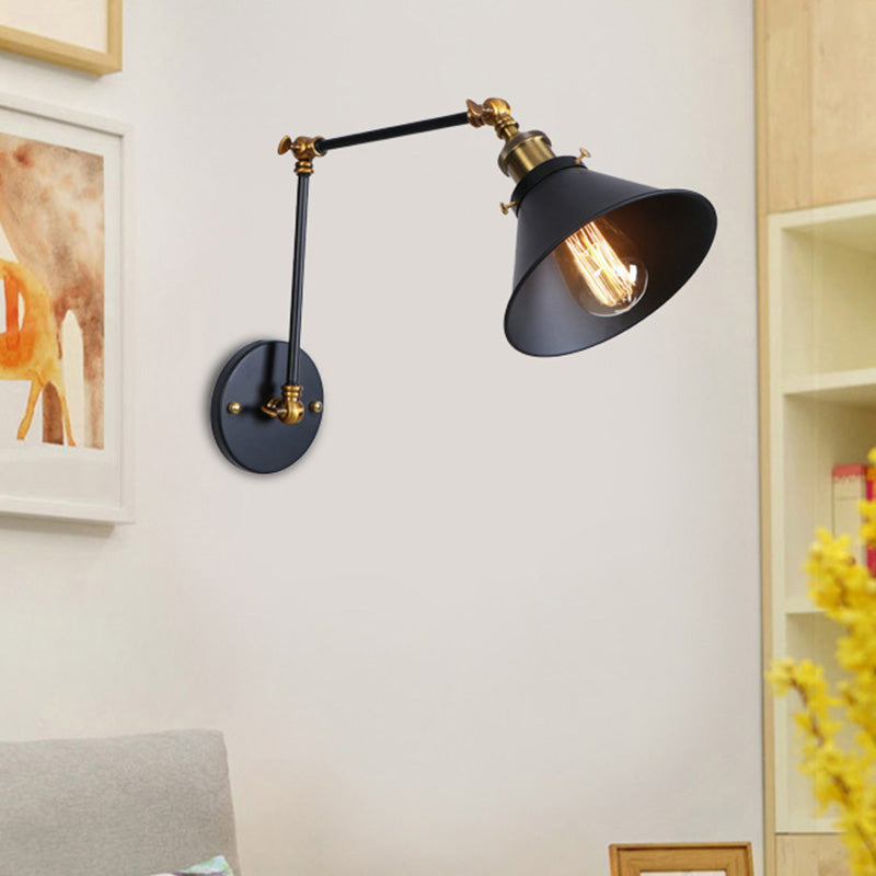 Industrial Swing Arm Wall Sconce - Conic Study Room Lamp (1 Bulb) - Black/Brass Metallic Finish