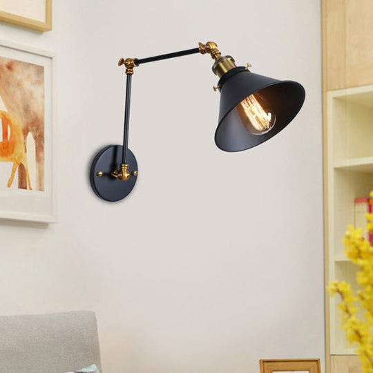 Industrial Swing Arm Wall Sconce - Conic Study Room Lamp (1 Bulb) - Black/Brass Metallic Finish