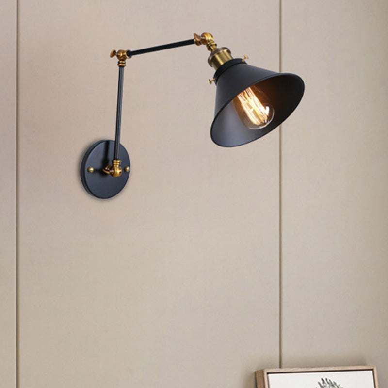 Industrial Swing Arm Wall Sconce - Conic Study Room Lamp (1 Bulb) - Black/Brass Metallic Finish