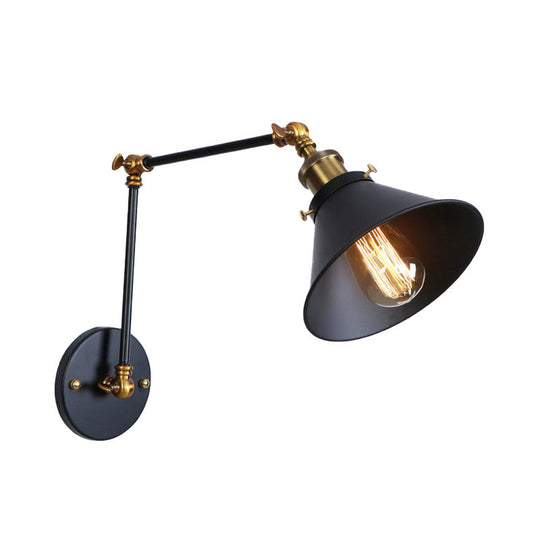 Industrial Swing Arm Wall Sconce - Conic Study Room Lamp (1 Bulb) - Black/Brass Metallic Finish