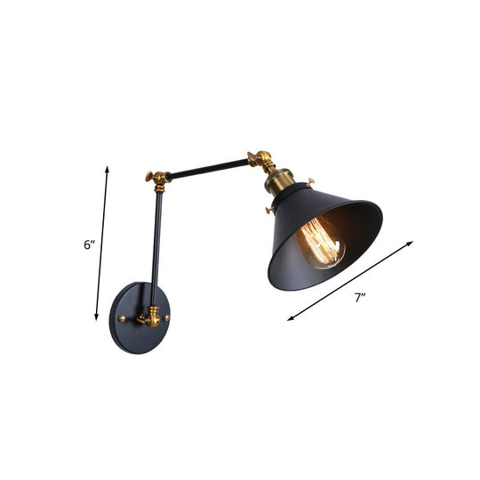Industrial Swing Arm Wall Sconce - Conic Study Room Lamp (1 Bulb) - Black/Brass Metallic Finish