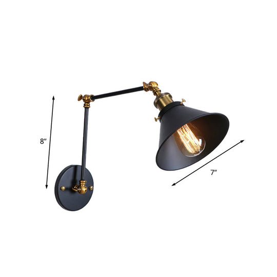 Industrial Swing Arm Wall Sconce - Conic Study Room Lamp (1 Bulb) - Black/Brass Metallic Finish